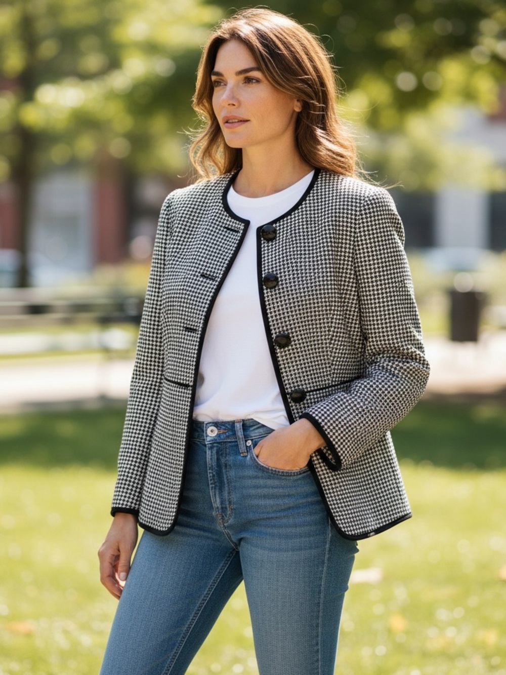 Armani Collezioni Black & White Houndstooth Collarless Blazer